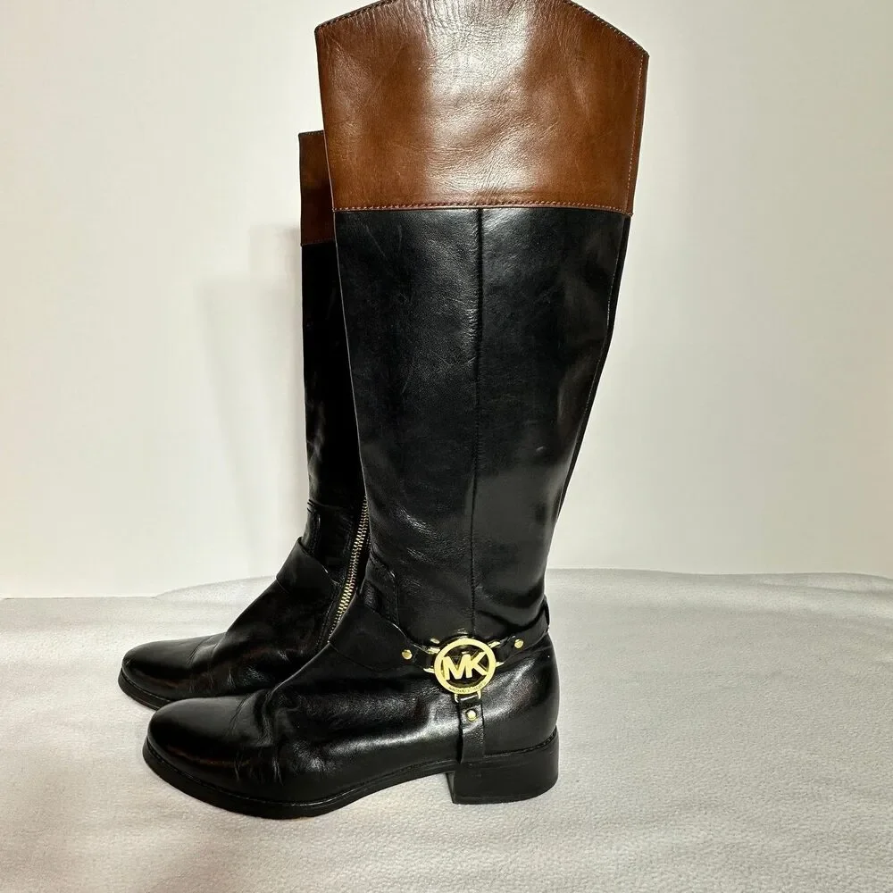 Michael Kors Fulton Harness Boot Black/Mocha Brown Leather Boot sz 7.5